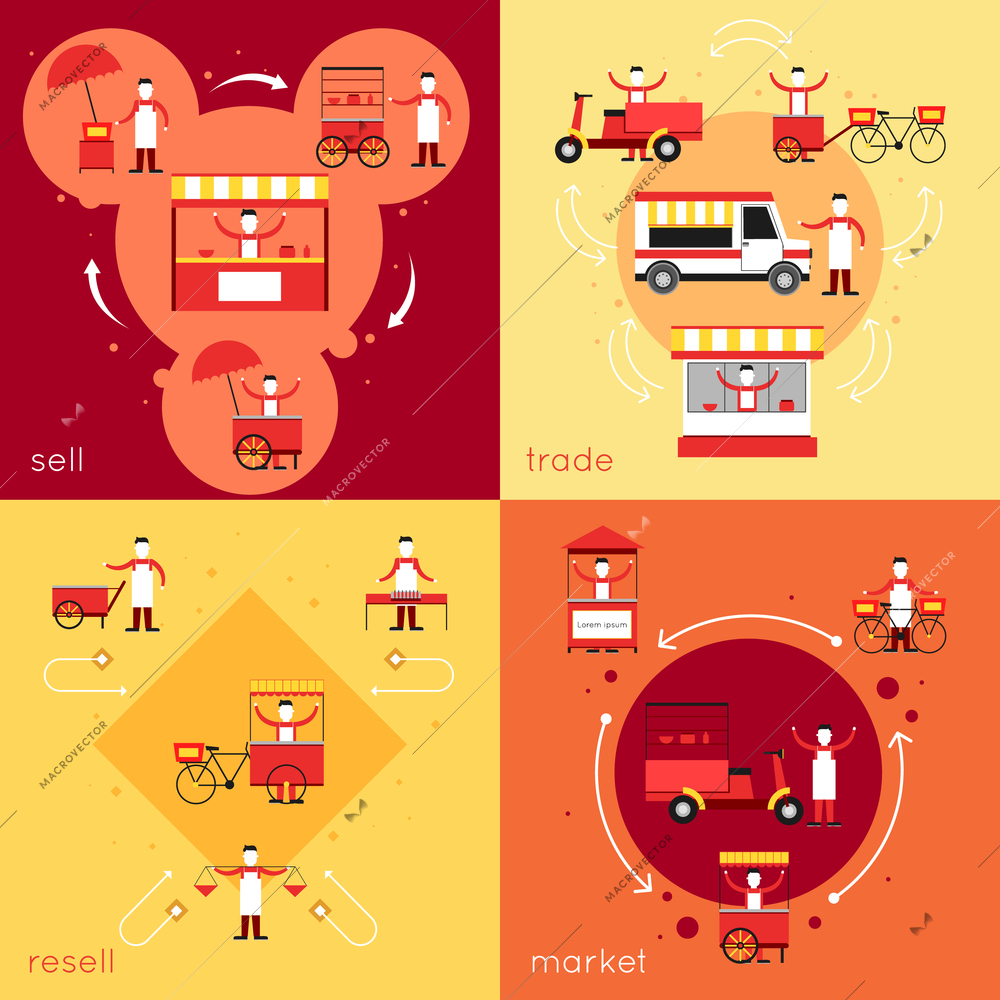 Street fast food flat icons set with resell sell market trade isolated vector illustration