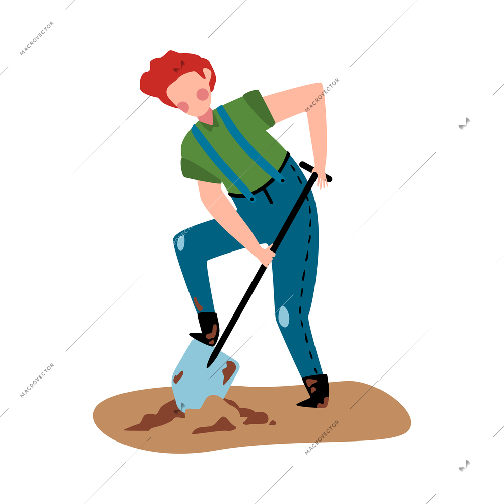 Gardener or farmer digging soil with shovel flat vector illustration