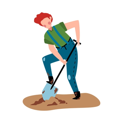 Gardener or farmer digging soil with shovel flat vector illustration