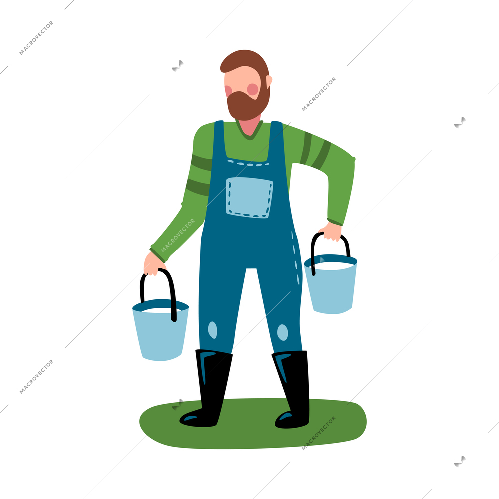 Flat farmer holding two buckets of milk vector illustration