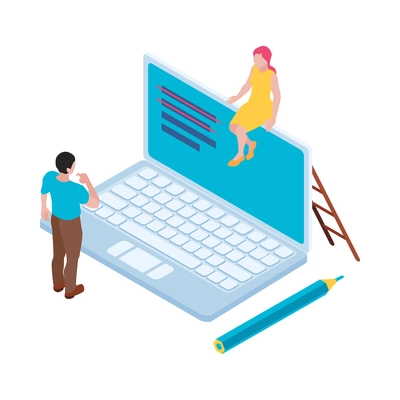Time management planning cooperation isometric concept with laptop and two characters working together 3d vector illustration