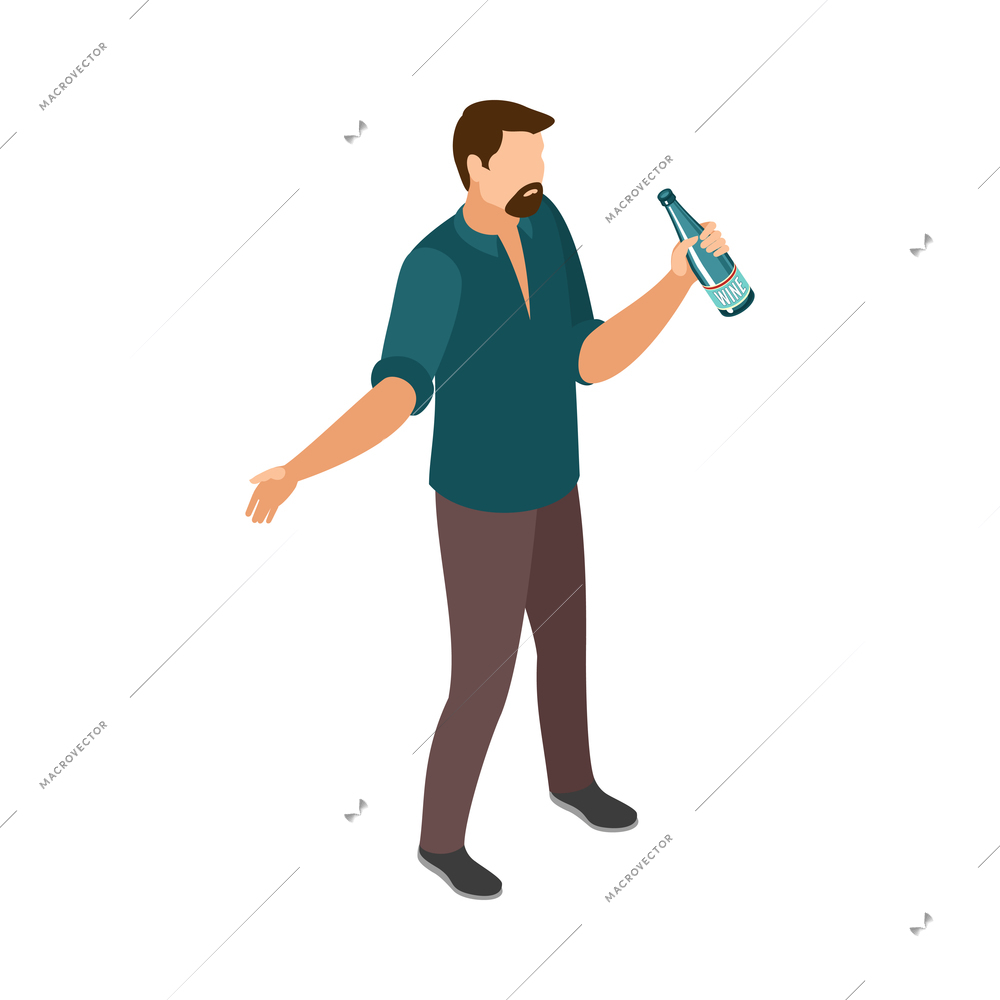 Isometric male character of alcoholic with bottle of wine 3d vector illustration