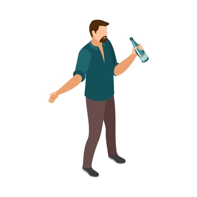 Isometric male character of alcoholic with bottle of wine 3d vector illustration