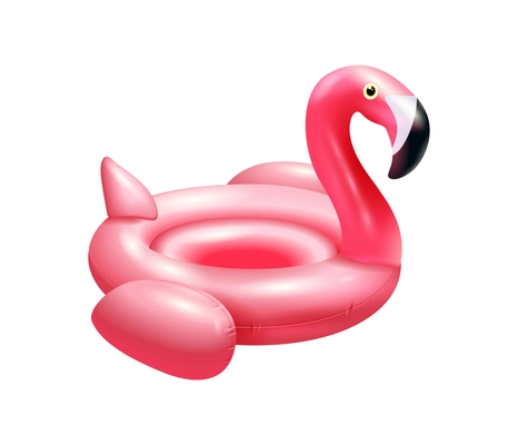 Inflatable pink flamingo rubber swimming ring realistic vector illustration