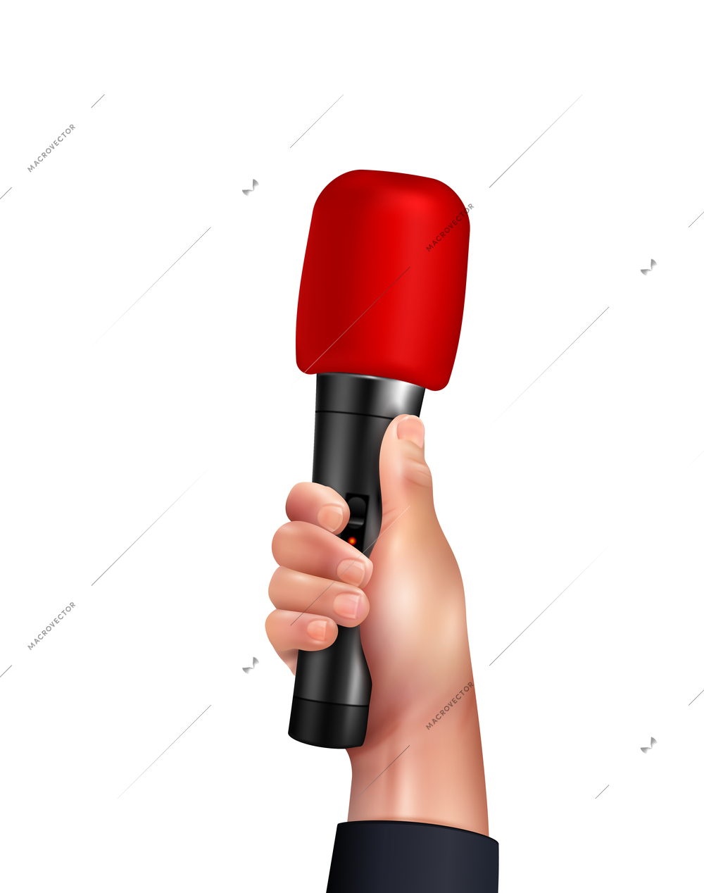 Realistic human hand holding professional wireless red microphone vector illustration