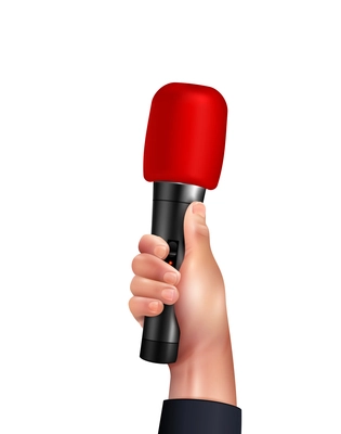 Realistic human hand holding professional wireless red microphone vector illustration