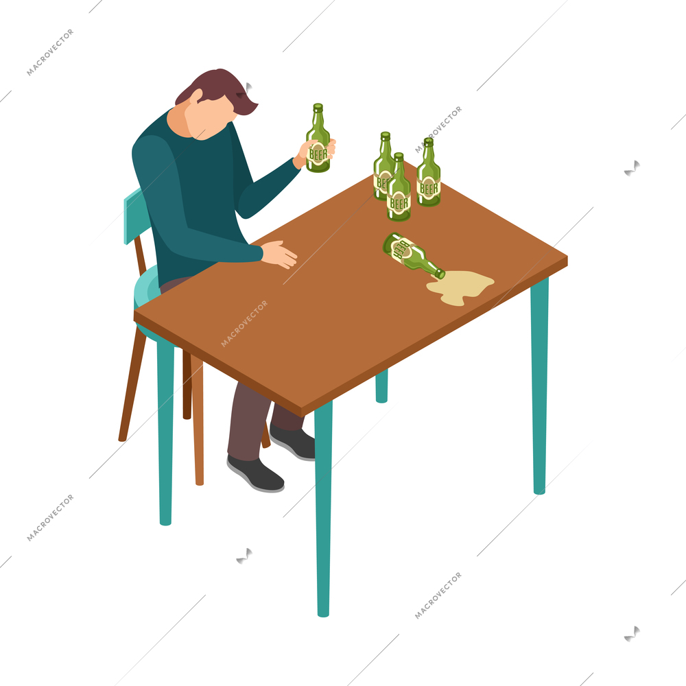 Alcoholism isometric icon with man drinking beer at table 3d vector illustration