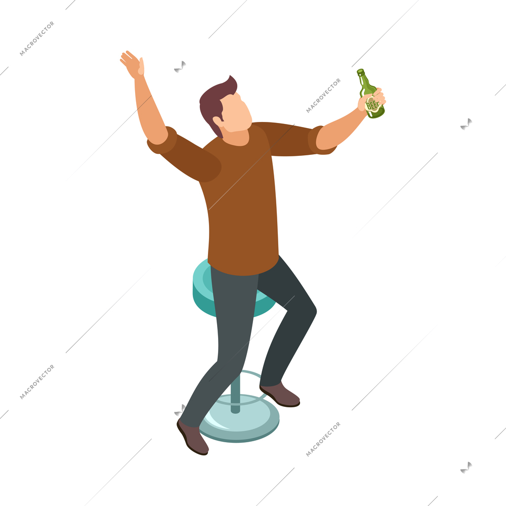 Drunk man with bottle on bar stool 3d isometric vector illustration