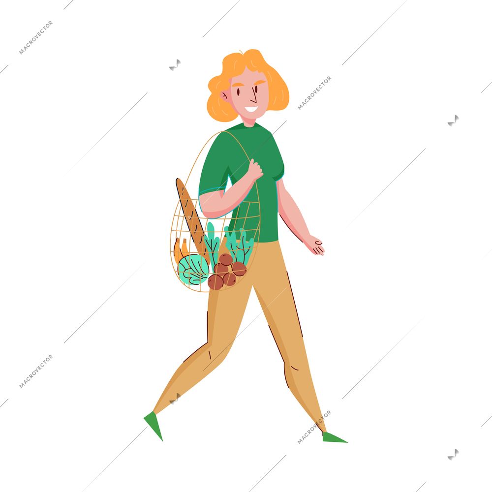 Zero waste sorting choosing natural materials flat concept with happy woman carrying products in reusable shopper bag vector illustration