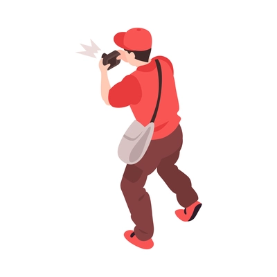 Isometric male character of tourist taking photo on camera back view 3d vector illustration