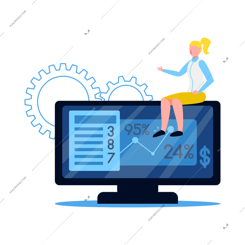 Accounting flat icon with human character and financial graph on computer screen vector illustration