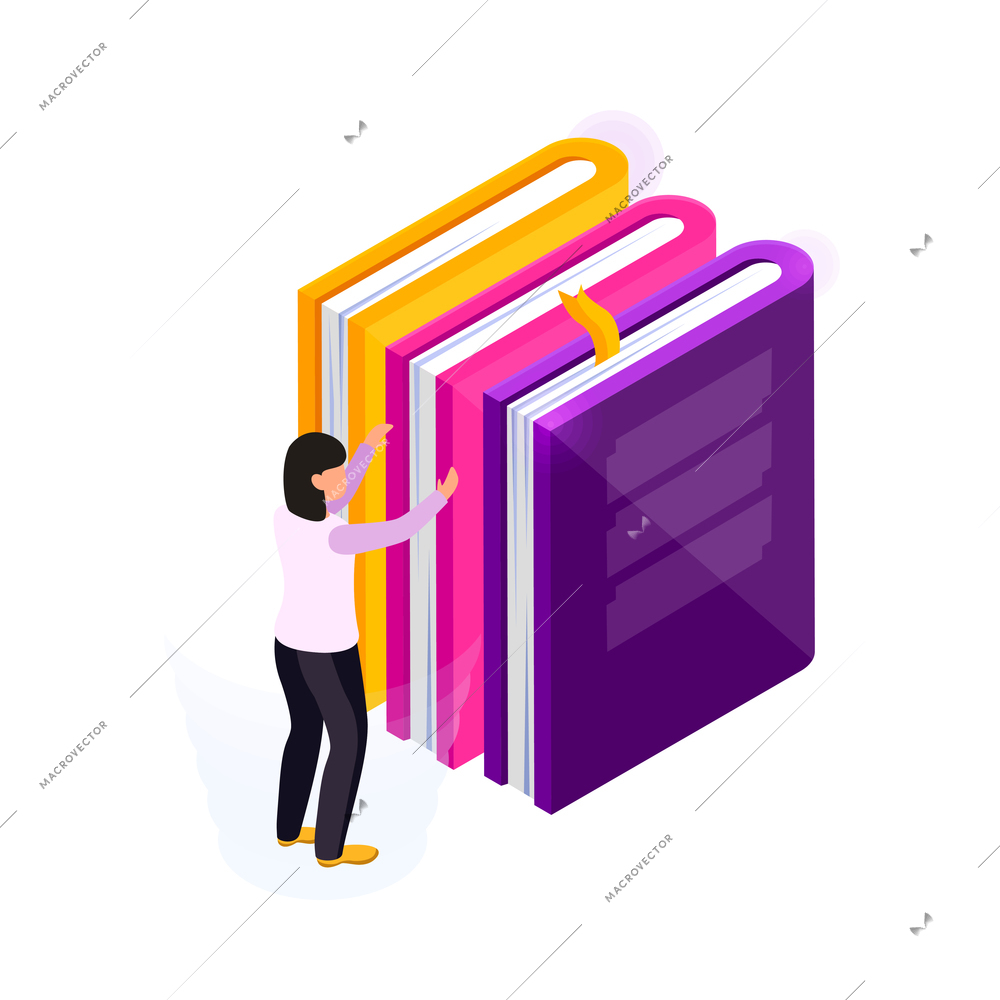 Online library concept with woman choosing books 3d isometric vector illustration