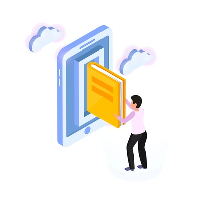 Online library cloud storage isometric concept with human character uploading books 3d vector illustration