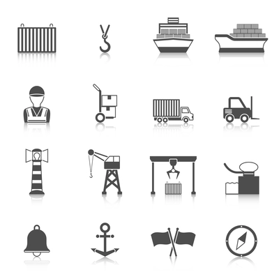 Seaport black icon set with lighthouse crane truck loader isolated vector illustration