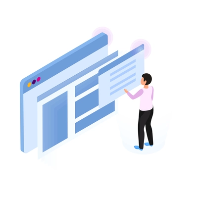 Online education isometric concept with man interacting with program windows reading from screen 3d vector illustration