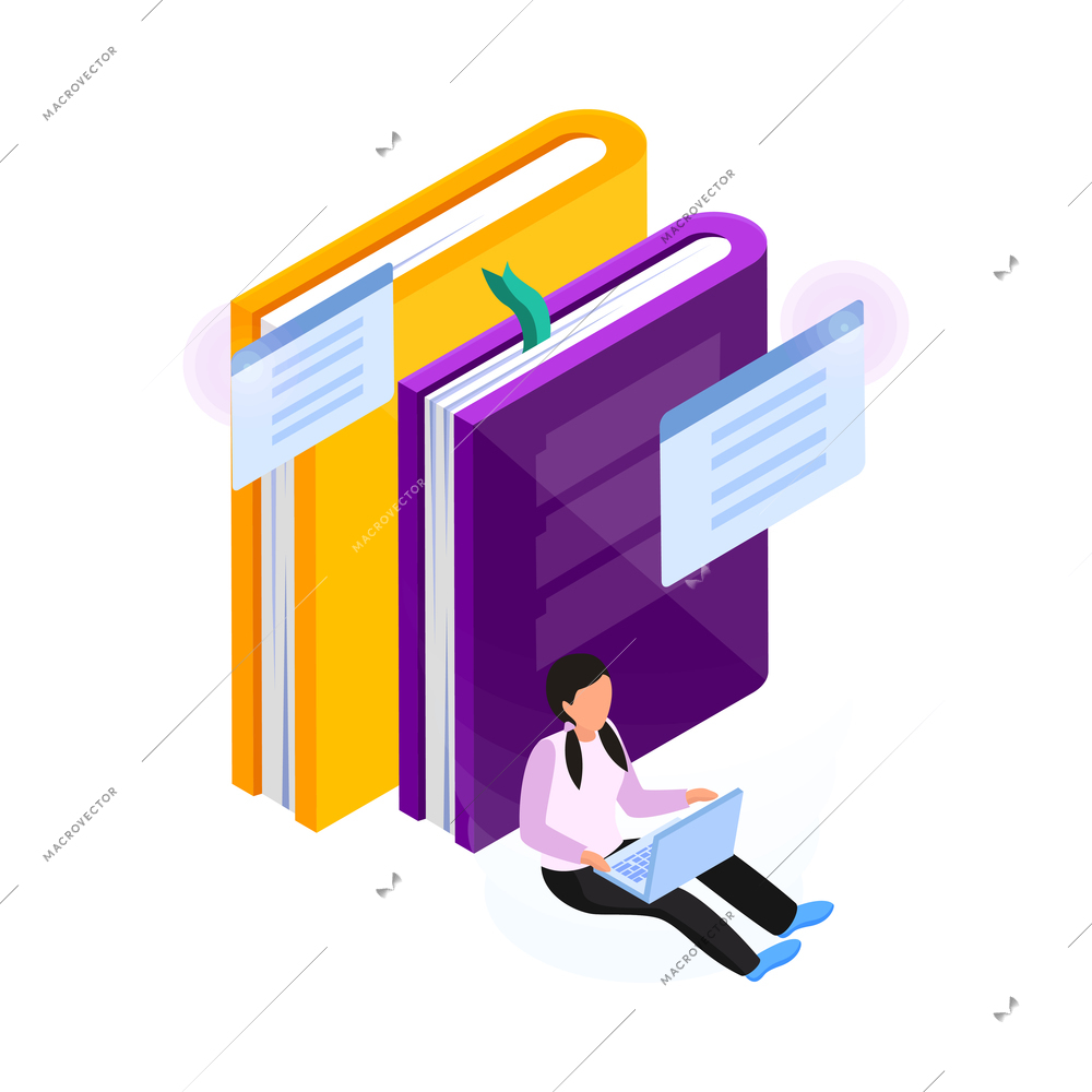 Online education electronic library concept with woman and books 3d isometric vector illustration