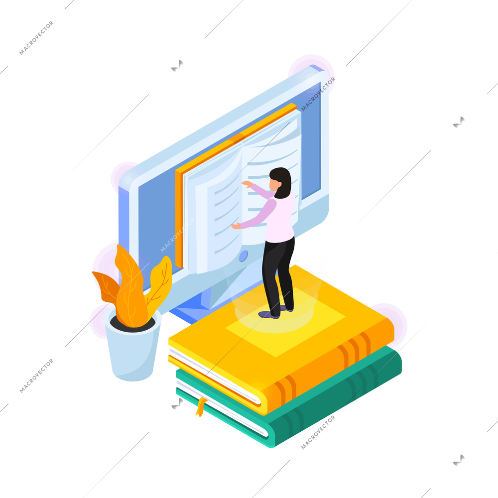 Online library concept with woman reading electronic books on computer 3d isometric vector illustration