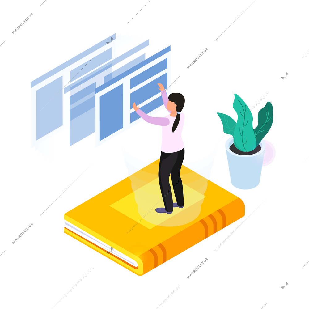 Online education concept with books female character program windows 3d isometric vector illustration