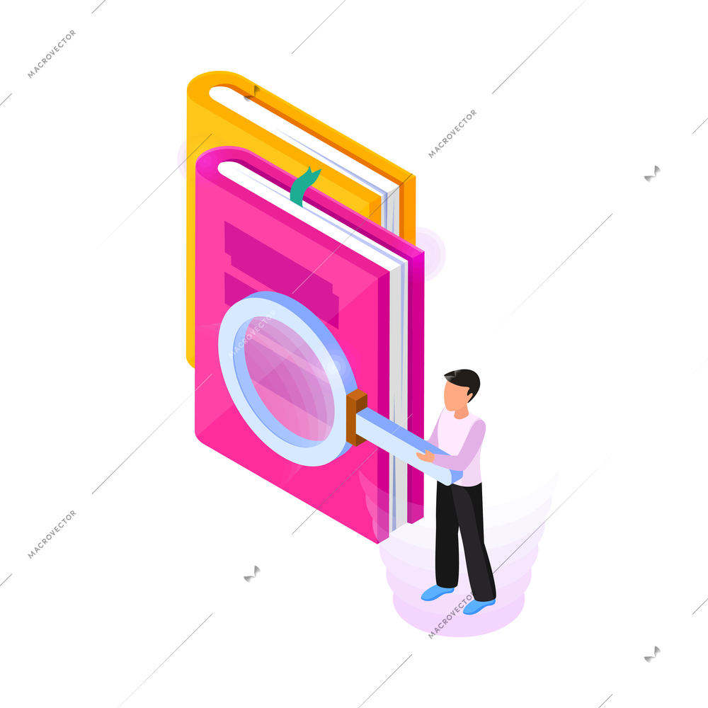 Online library concept with books and man with magnifier 3d isometric vector illustration