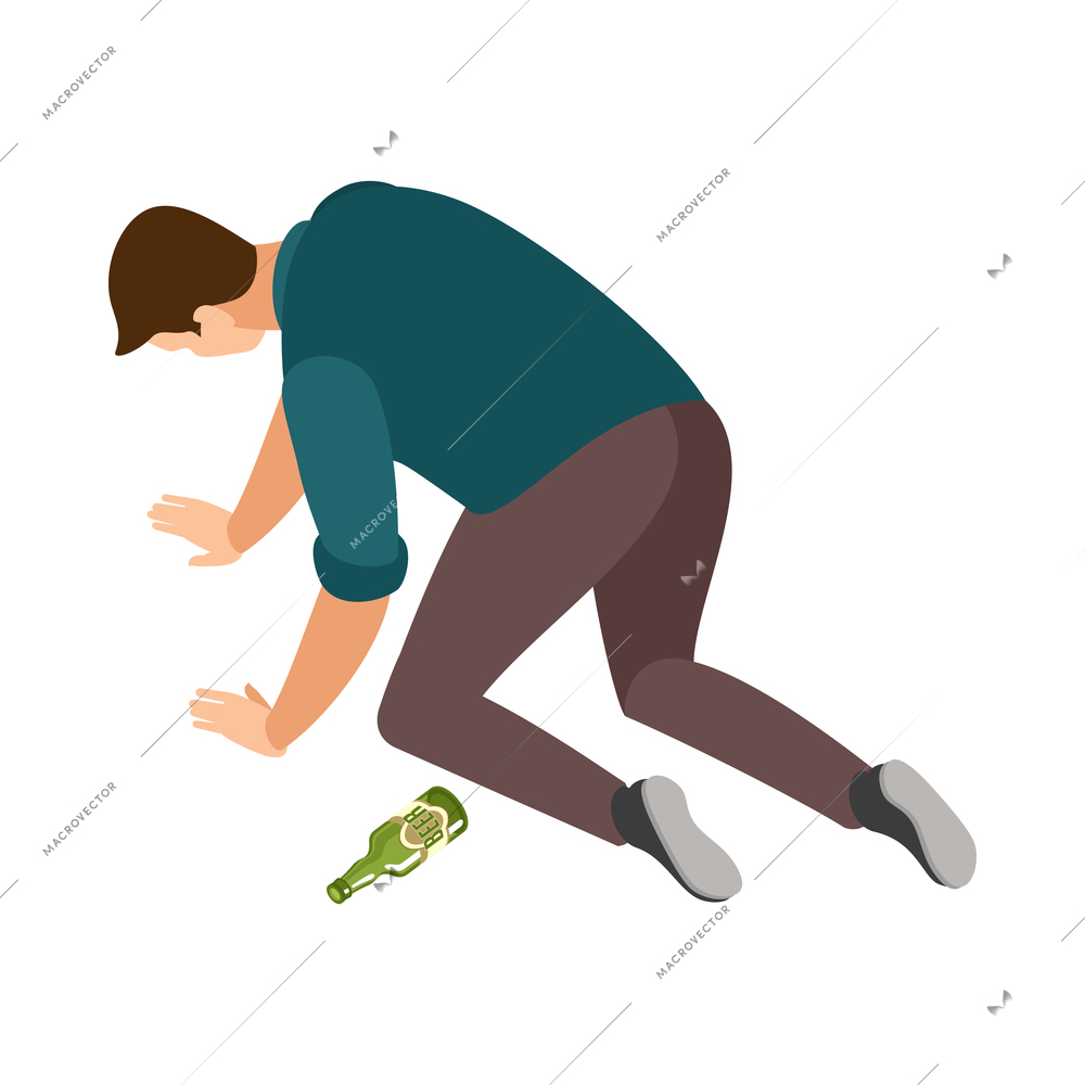 Alcoholism dependance isometric icon with drunk man on his knees 3d vector illustration