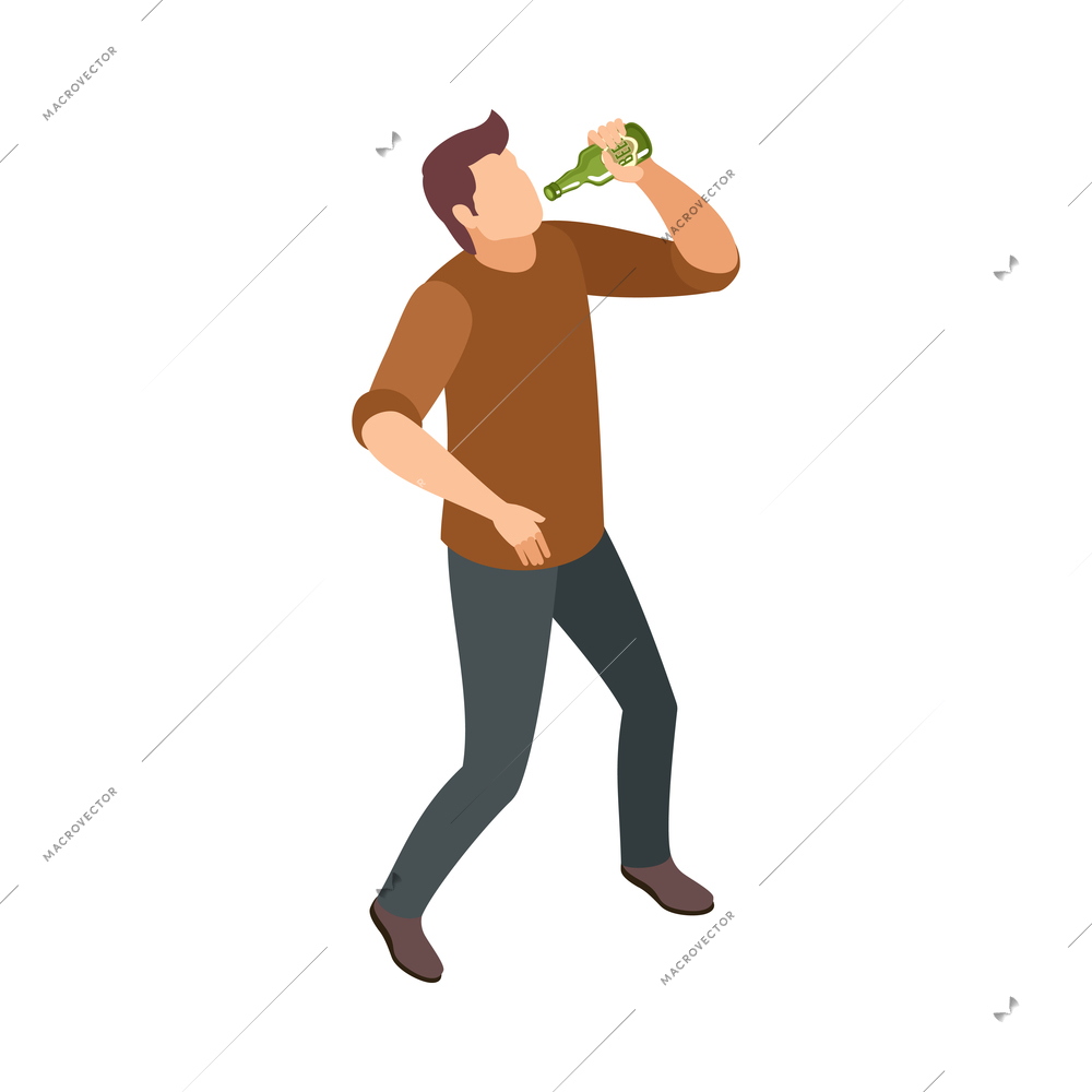Alcoholism dependance isometric icon with drunk man drinking beer from bottle 3d vector illustration