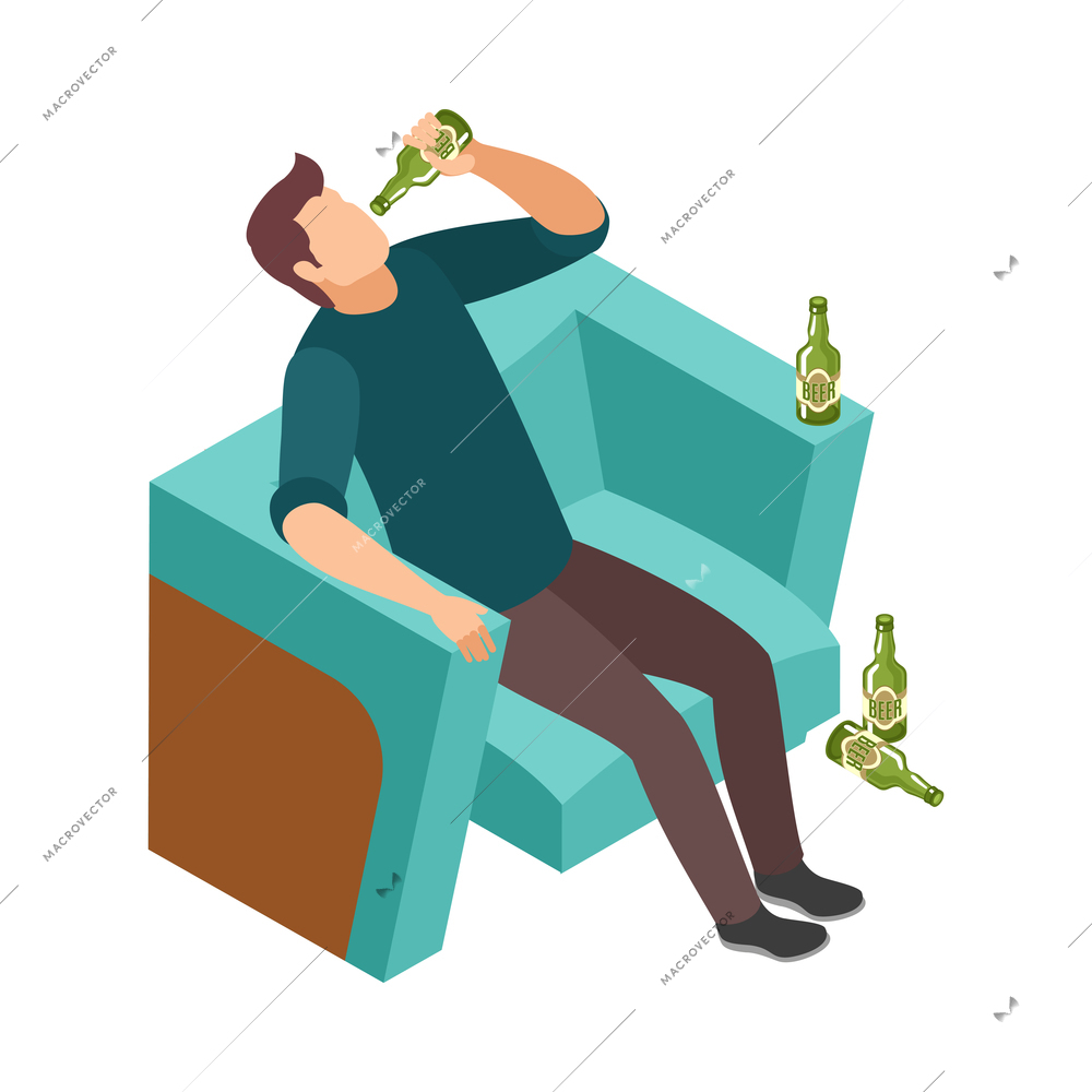 Alcoholic drinking beer in armchair with empty bottles around 3d isometric vector illustration