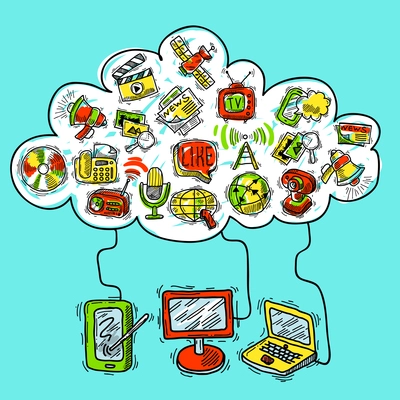 Communication concept sketch with media devices and social icons in speech bubble vector illustration