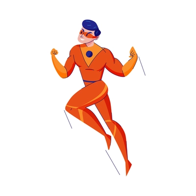 Flat powerful male superhero in orange costume vector illustration