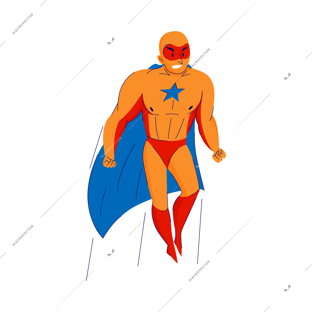 Flat flying superhero with cape and mask cartoon comic strip character vector illustration