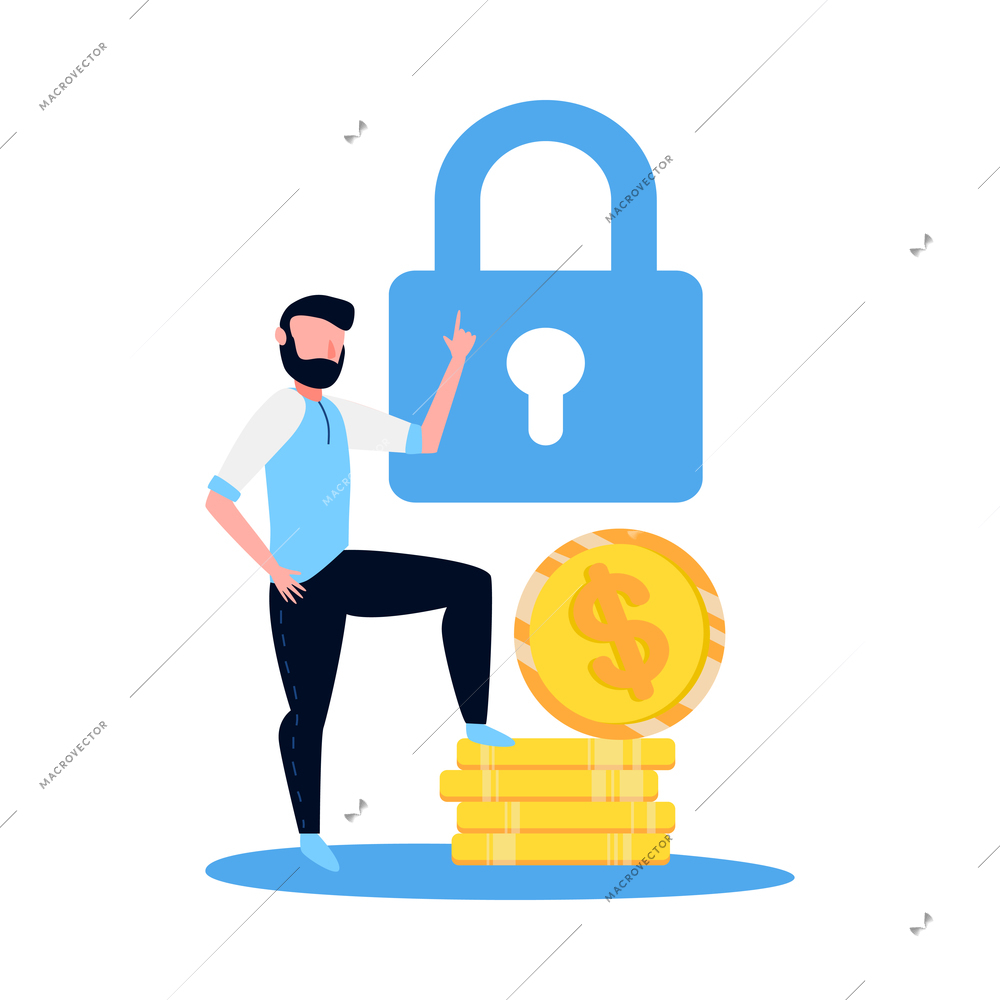 Accounting flat conceptual icon with lock stack of coins and man character vector illustration