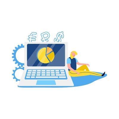 Accounting flat icon with currency symbols diagram on laptop screen vector illustration