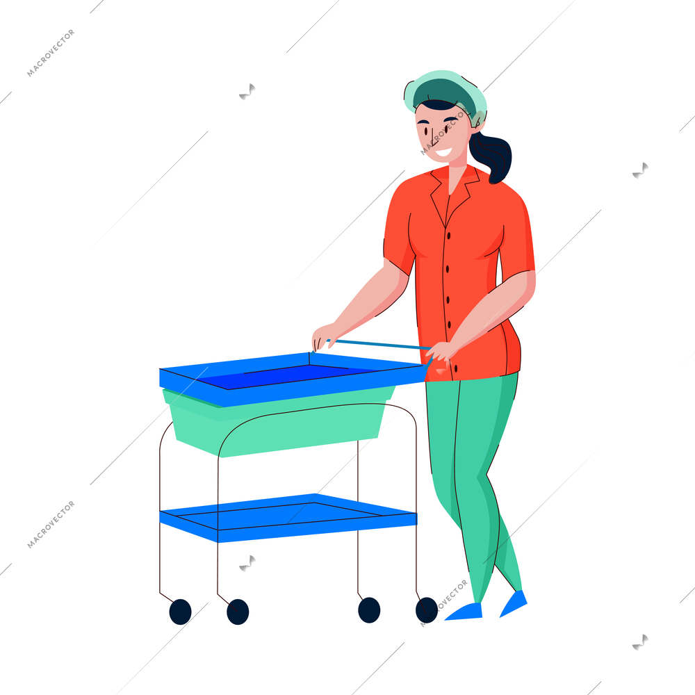 Smiling female nurse with trolley flat vector illustration