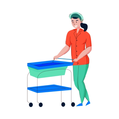 Smiling female nurse with trolley flat vector illustration