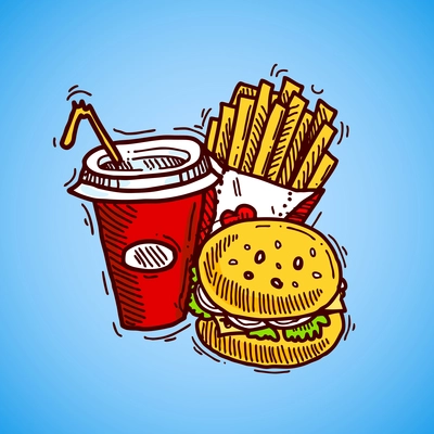 Fast food sketch decorative icon set with drink french fries and hamburger vector illustration