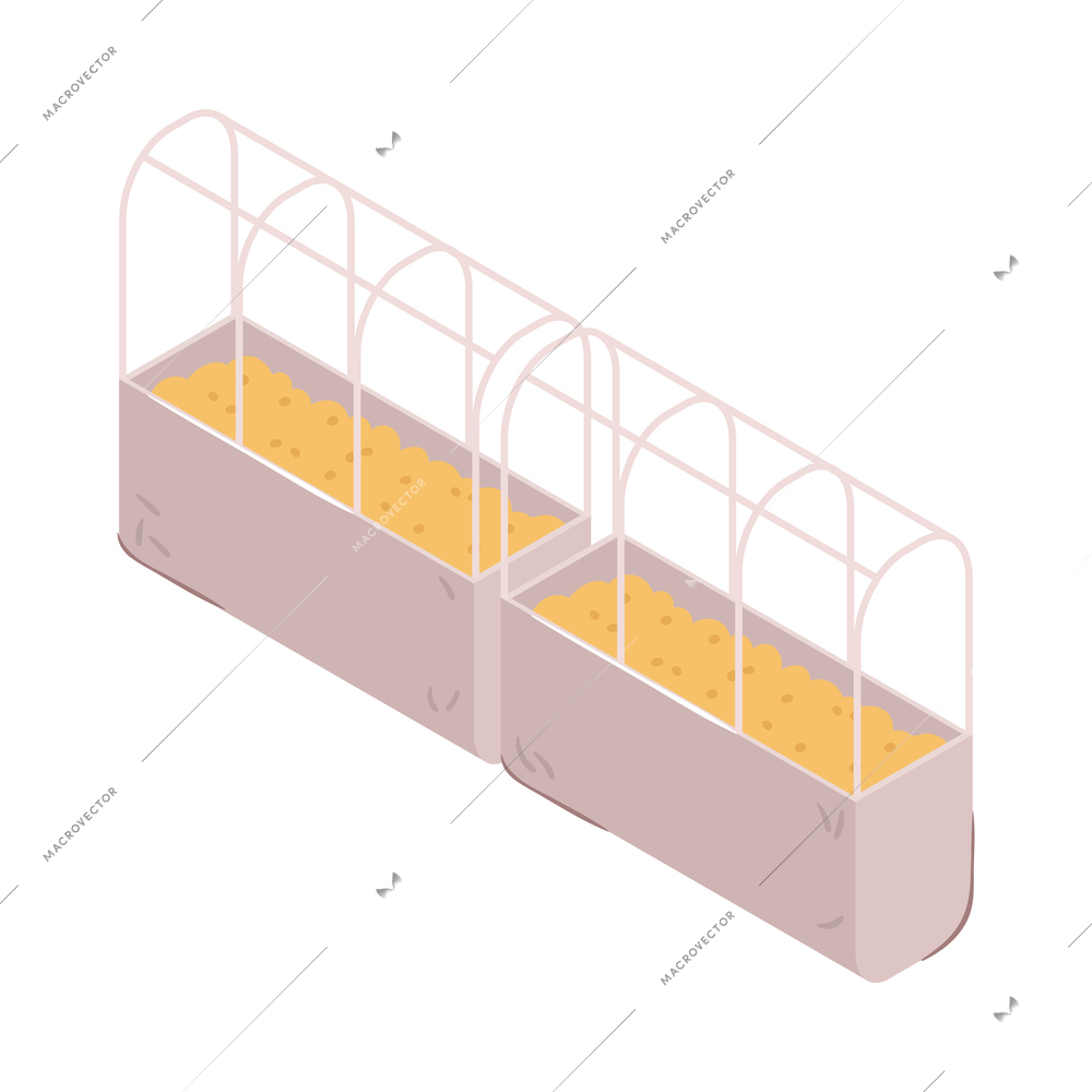 Isometric poultry farm interior element with feeding equipment 3d vector illustration
