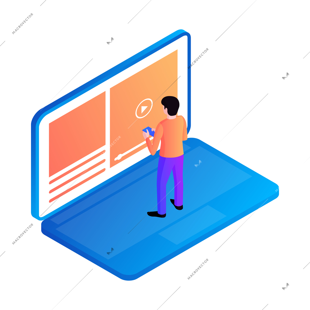 Isometric character interacting with laptop interface 3d icon vector illustration