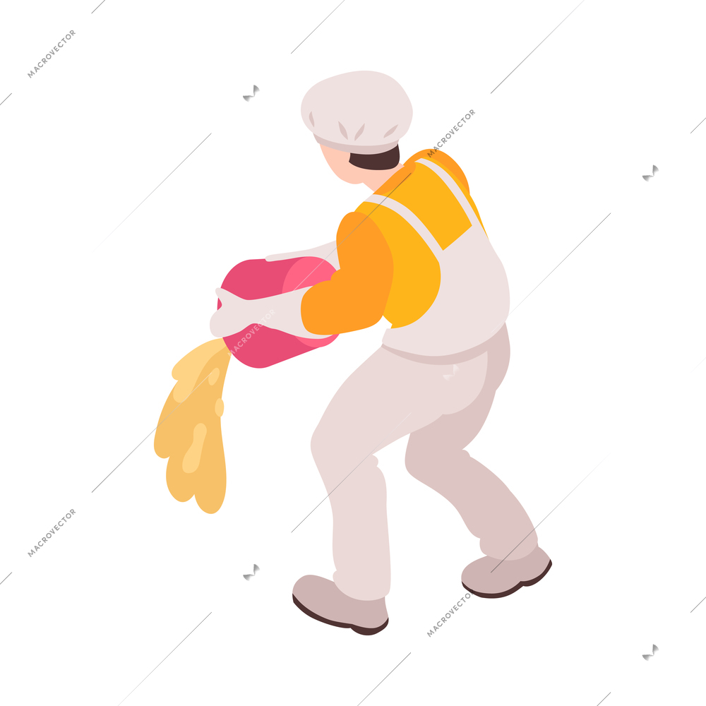 Isometric character of factory or farm worker with bucket 3d vector illustration