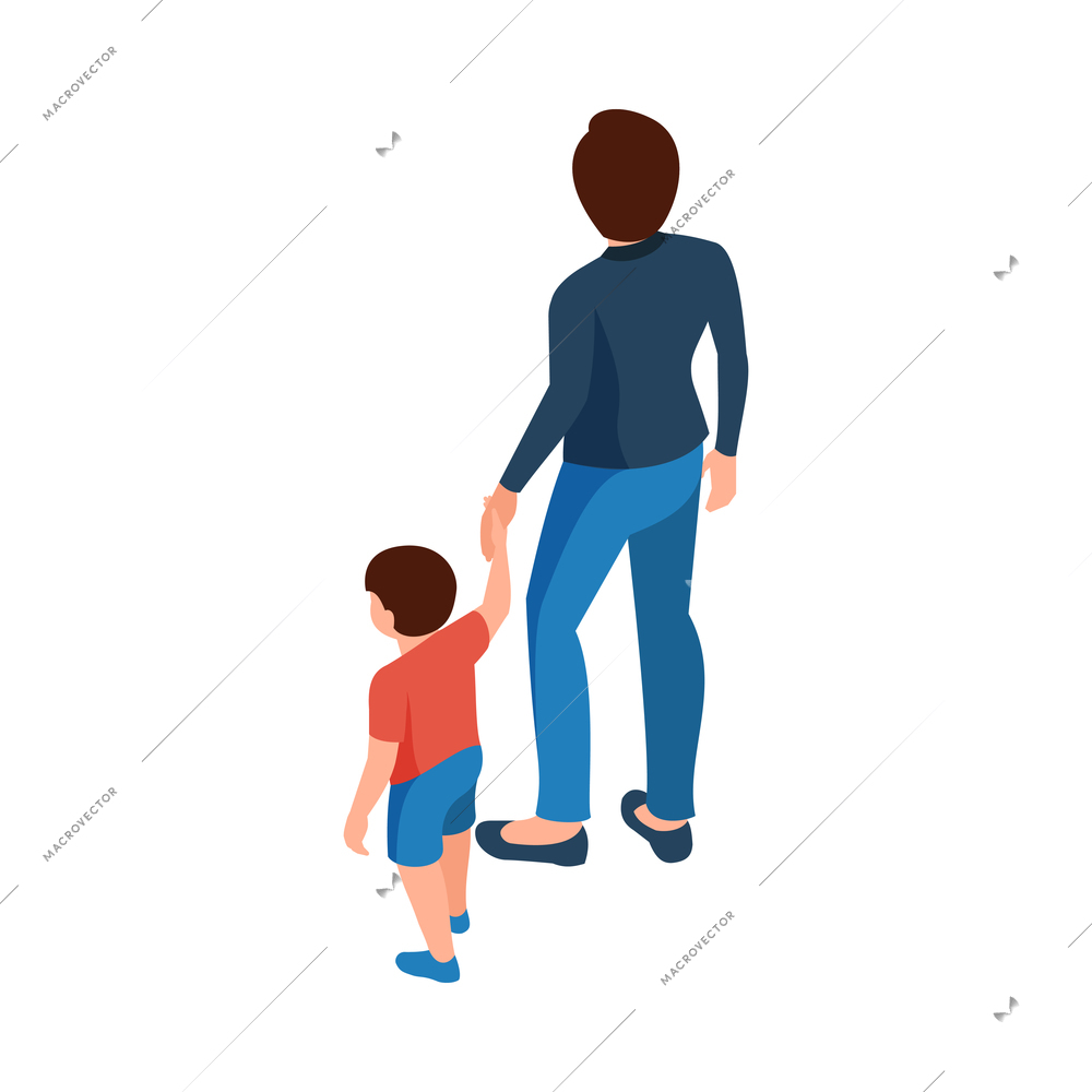 Isometric mum and little son holding hands back view 3d vector illustration