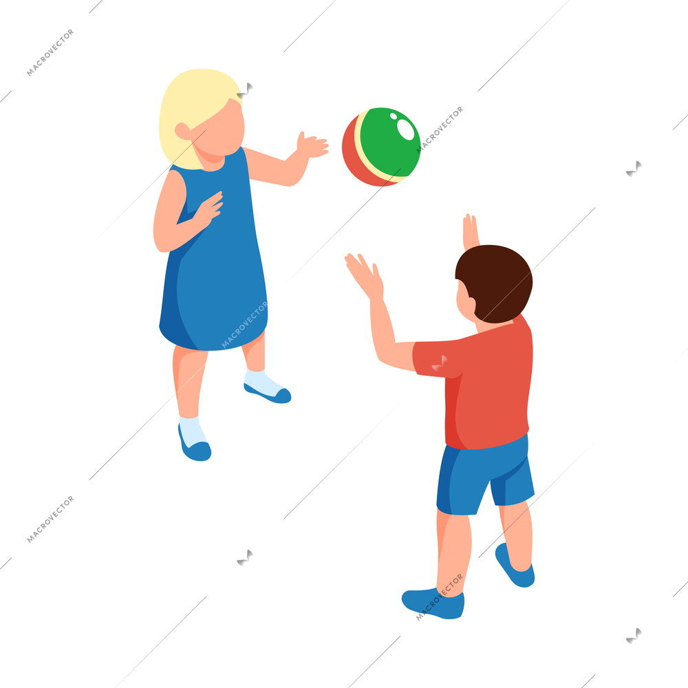 Isometric children of preschool age boy and girl playing with ball 3d vector illustration