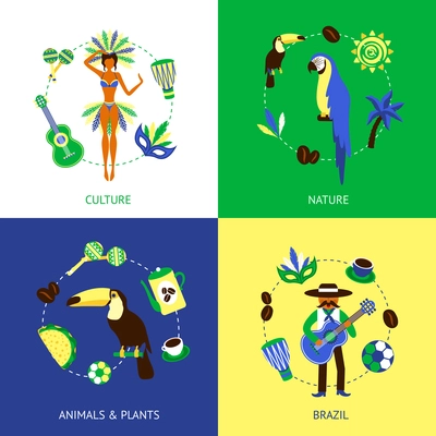 Brazil design concept set with nature culture animals and plants flat icons isolated vector illustration