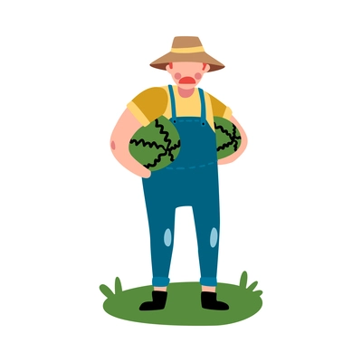 Flat male farmer holding two ripe watermelons vector illustration