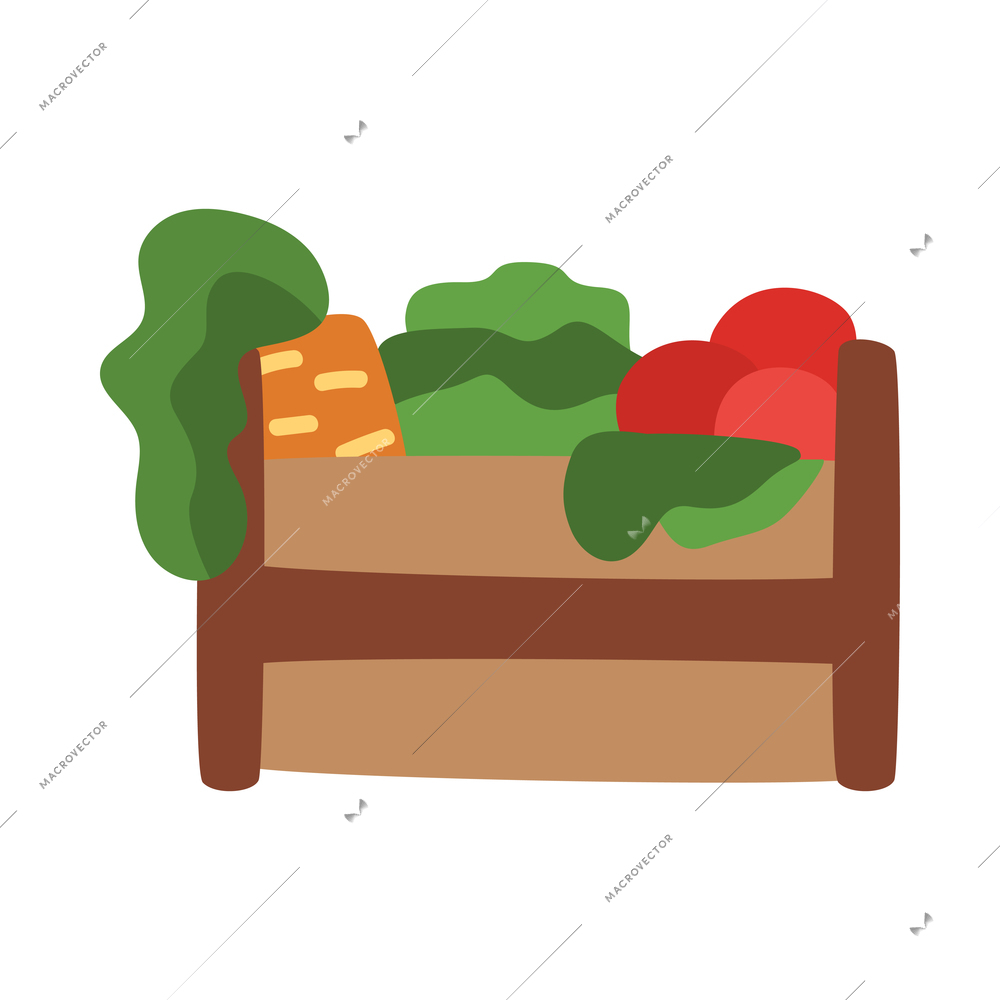 Fresh ripe vegetables in wooden box flat icon vector illustration