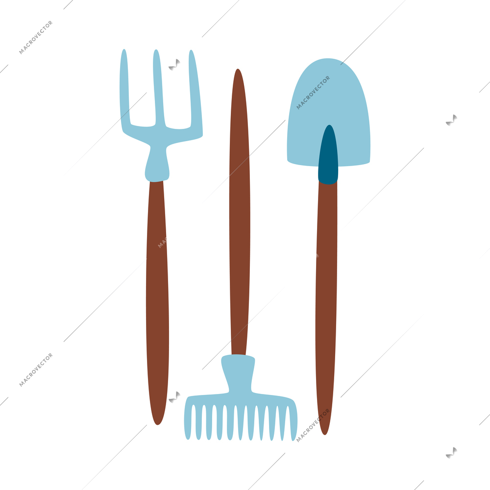 Flat gardening tools with shovel rake and hayfork on white background isolated vector illustration