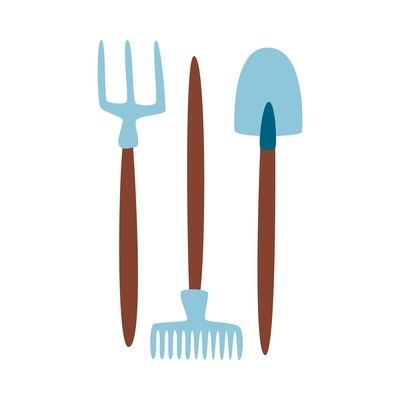 Flat gardening tools with shovel rake and hayfork on white background isolated vector illustration
