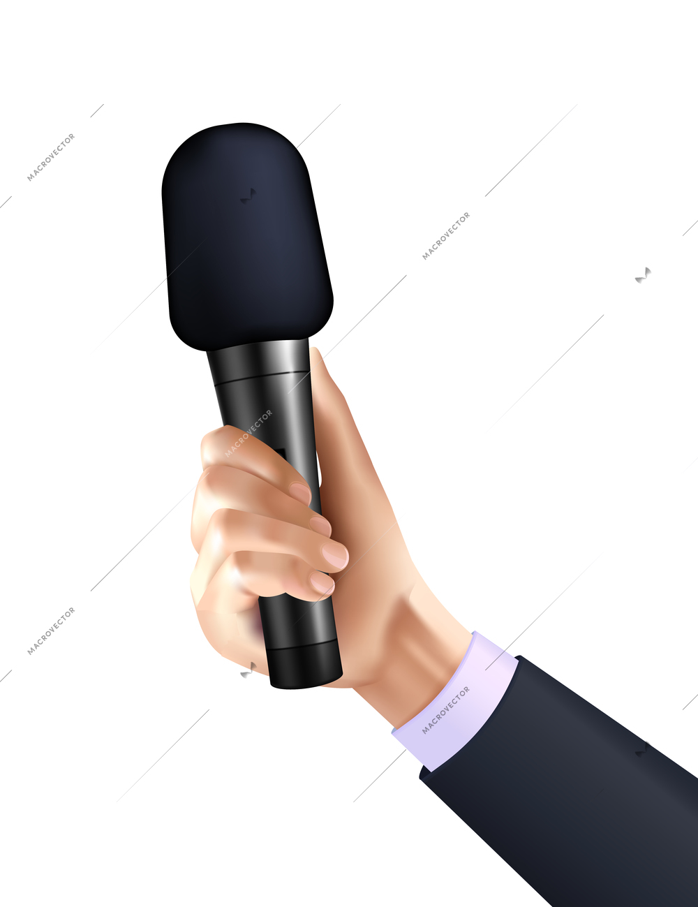 Realistic professional wireless microphone in human hand on white background vector illustration