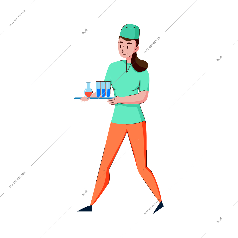 Hospital nurse carrying tray with laboratory test tubes flat vector illustration