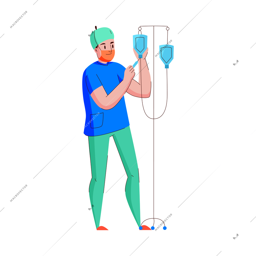 Male hospital nurse with intravenous drip flat vector illustration