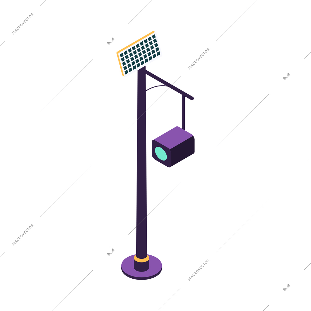 Isometric smart city technology icon with street camera on pole with solar panel 3d vector illustration