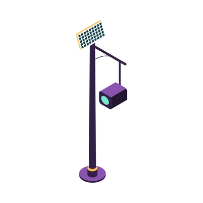 Isometric smart city technology icon with street camera on pole with solar panel 3d vector illustration