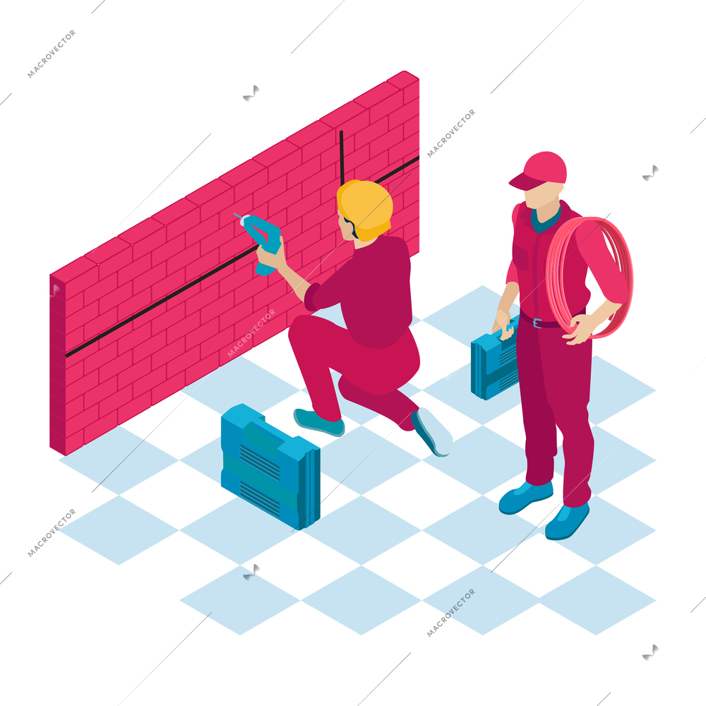 Two electricians in uniform with toolkit laying cable 3d isometric composition vector illustration